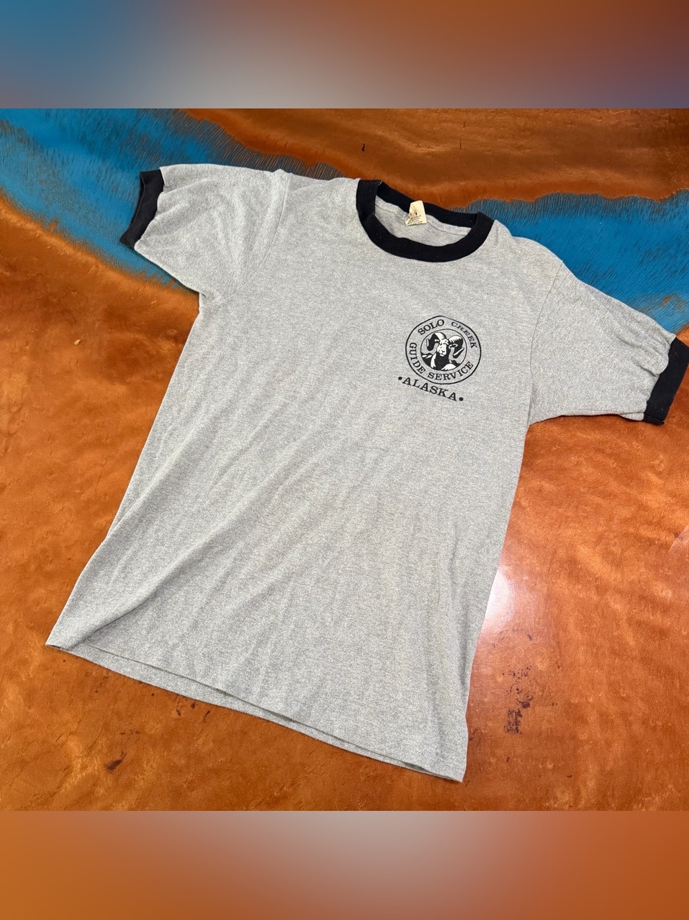 Vintage Screen Stars Alaska Solo Creek Guide Heather Gray Ringer Tee small